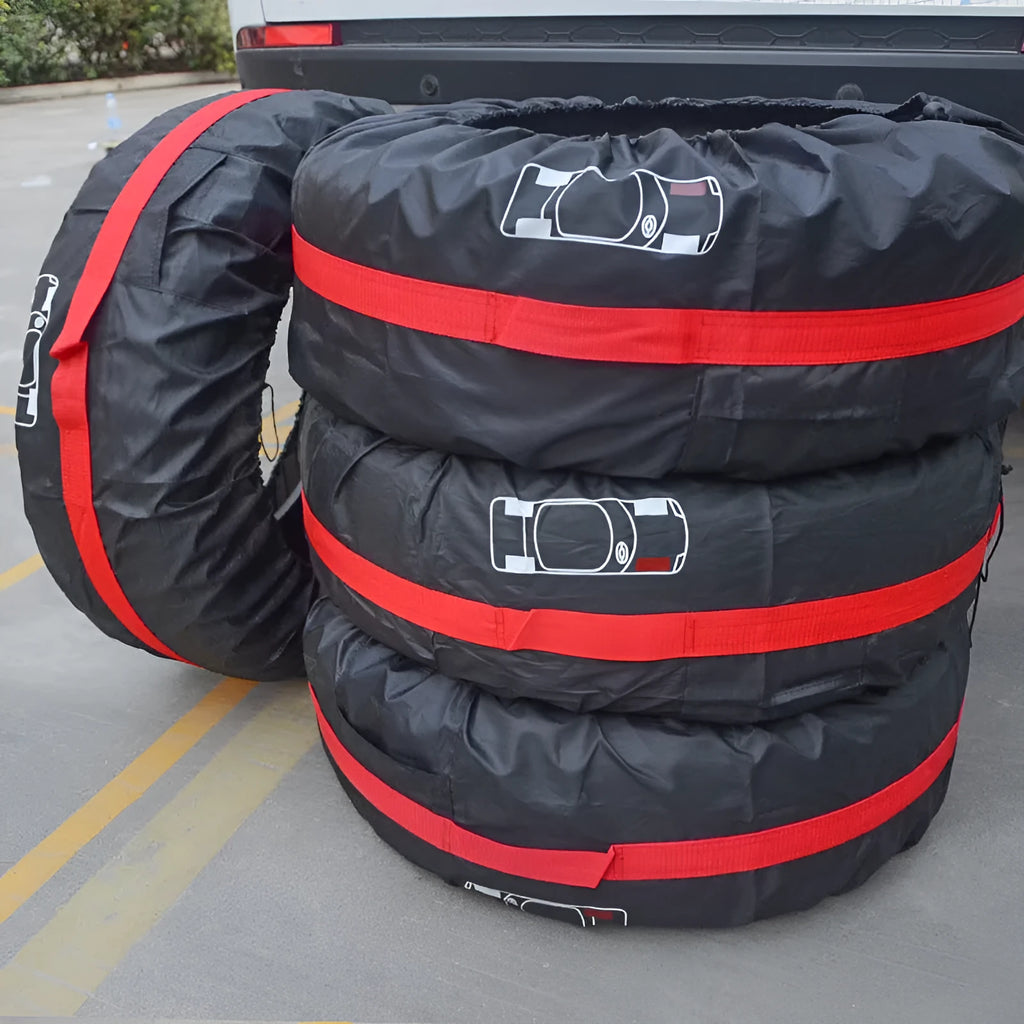 Set of four Oxford Cloth polyester car tyre protective covers in Black Belt and Red Belt styles, shown in S and L sizes.