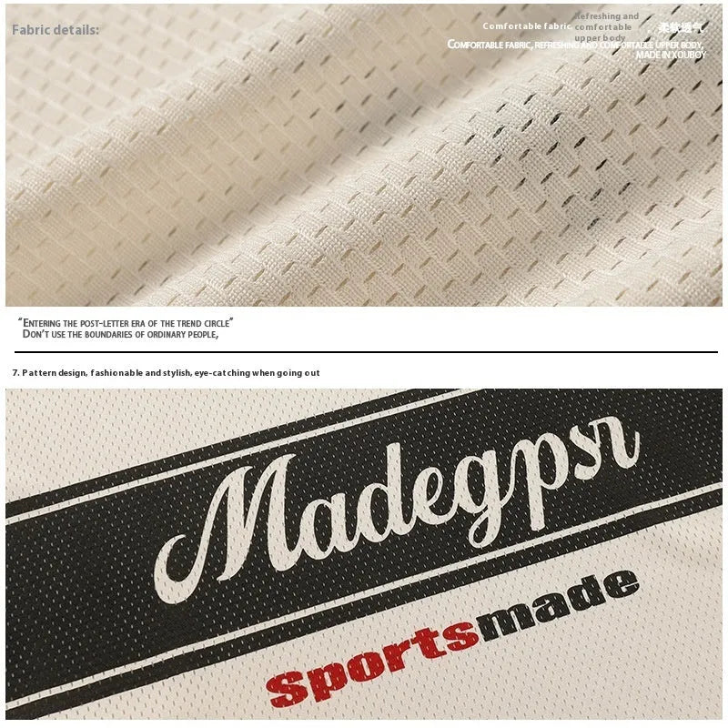 Apricot-coloured V-neck sports top with drop-shoulder sleeves and letter pattern, loose fit for leisure wear