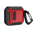Clamshell-style protective case for AirPods with two-colour design and attached carry hook