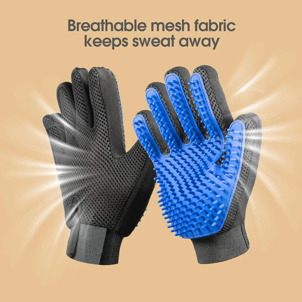 Blue pet grooming gloves with silicone tips for gentle shedding removal on dogs and cats