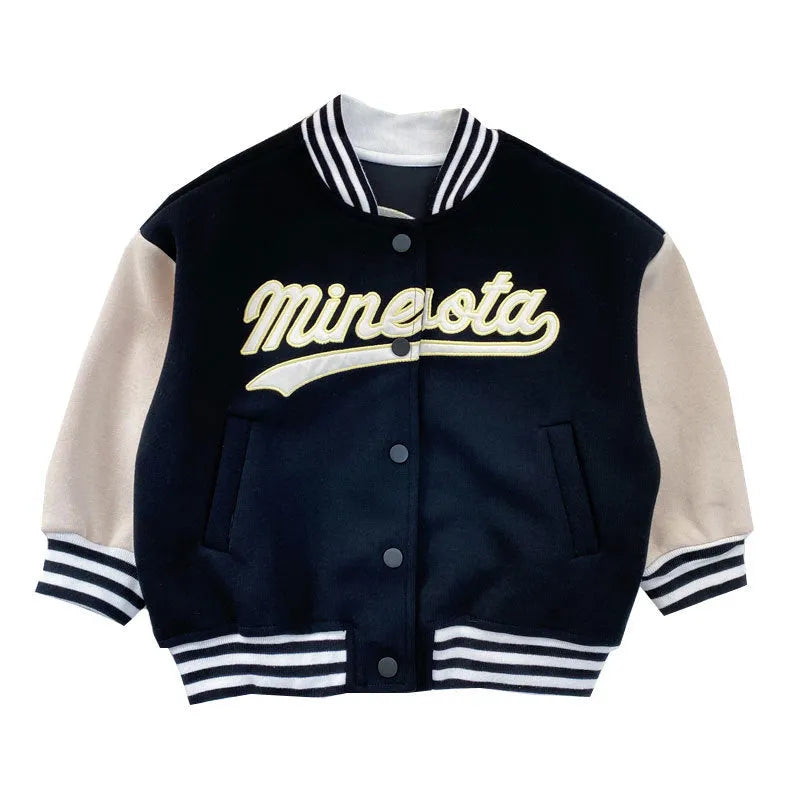 Boys cotton baseball jacket with stand-up collar in blue, black or green, sizes 100cm to 140cm
