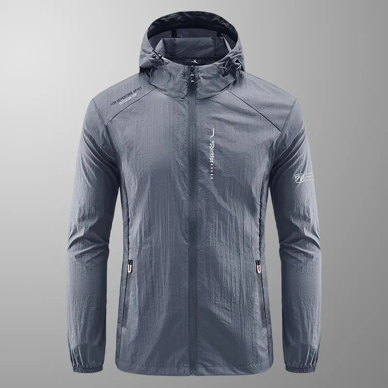 Men's hooded summer top in nylon fabric showing loose fit and sun protection design