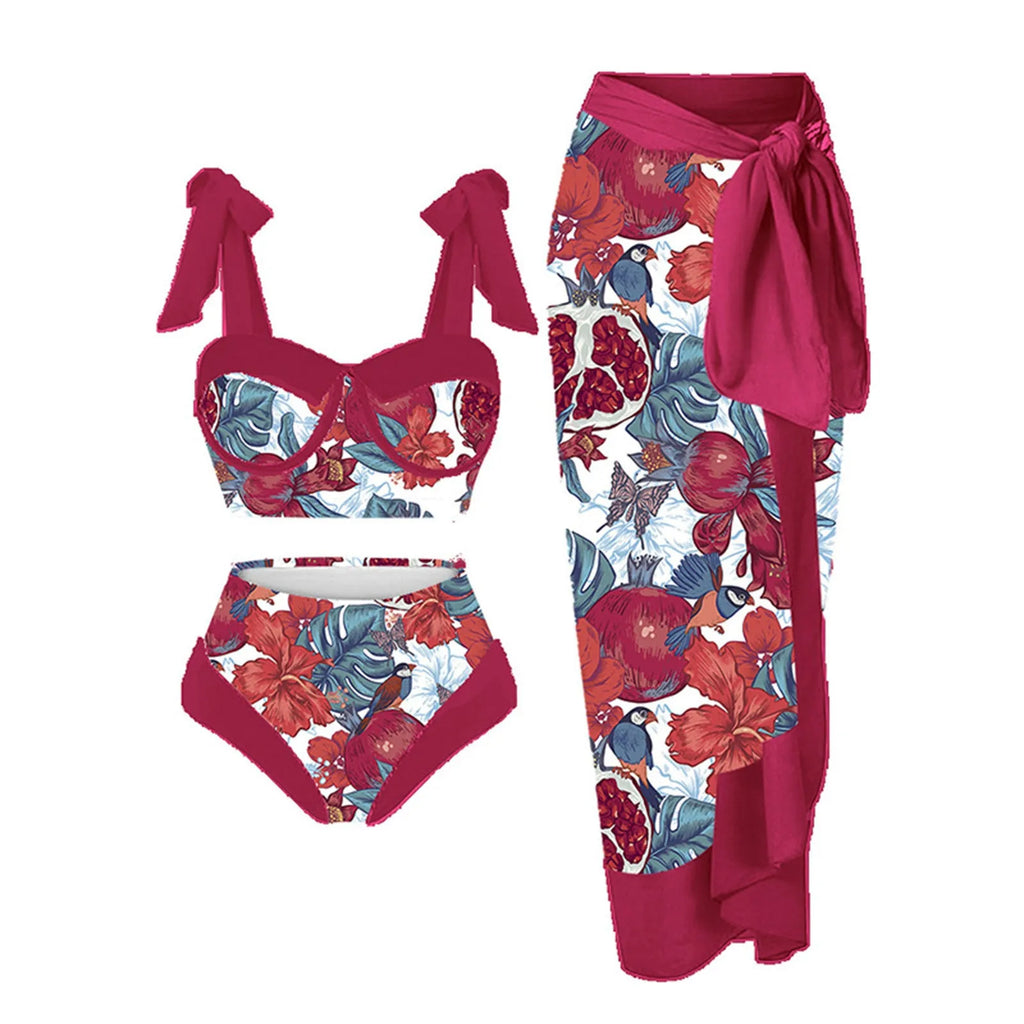 Women's printing split swimsuit three-piece set showing floral pattern on high elasticity polyester fabric