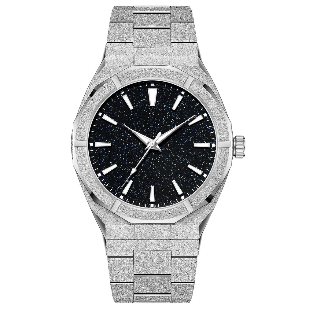 Men's business watch with stainless steel case, luminous hands, and frosted finish in silver colour