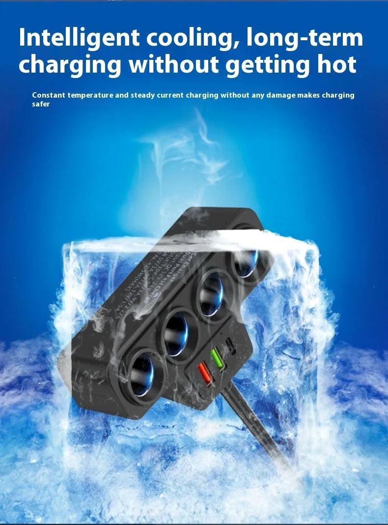 Car-mounted cigarette lighter adapter with dual USB, QC and PD ports, one-to-four socket splitter, 120W, 3.1A, 5V/12V/24V