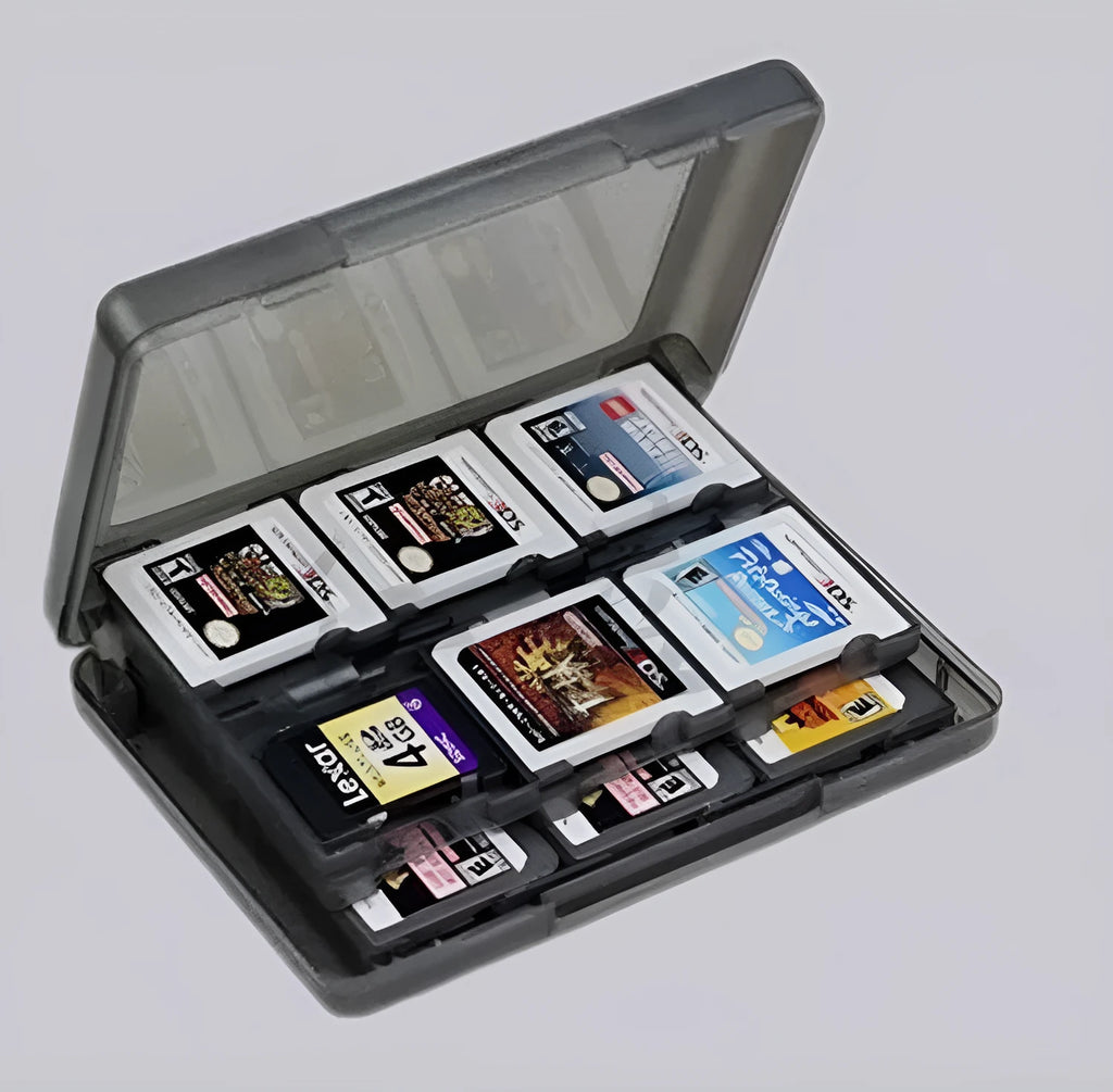 NDS 3DS game card storage box showing 28-card capacity with black, blue, pink, white colour options