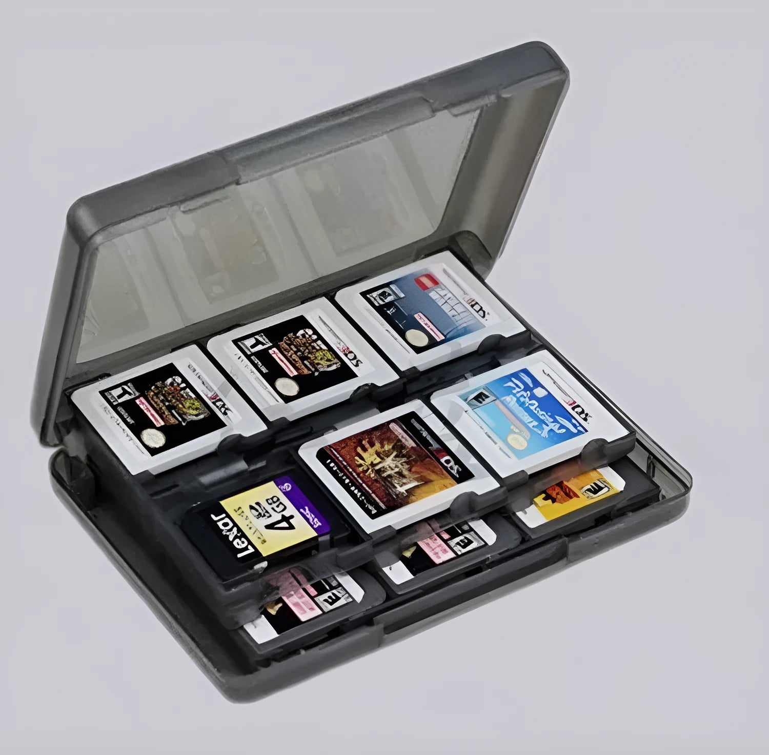 NDS 3DS game card storage box showing 28-card capacity with black, blue, pink, white colour options