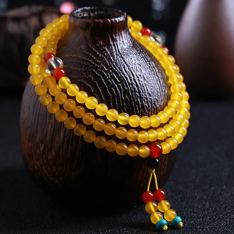 108 bead agate necklace and crystal bracelet jewellery set with lucky cat charm