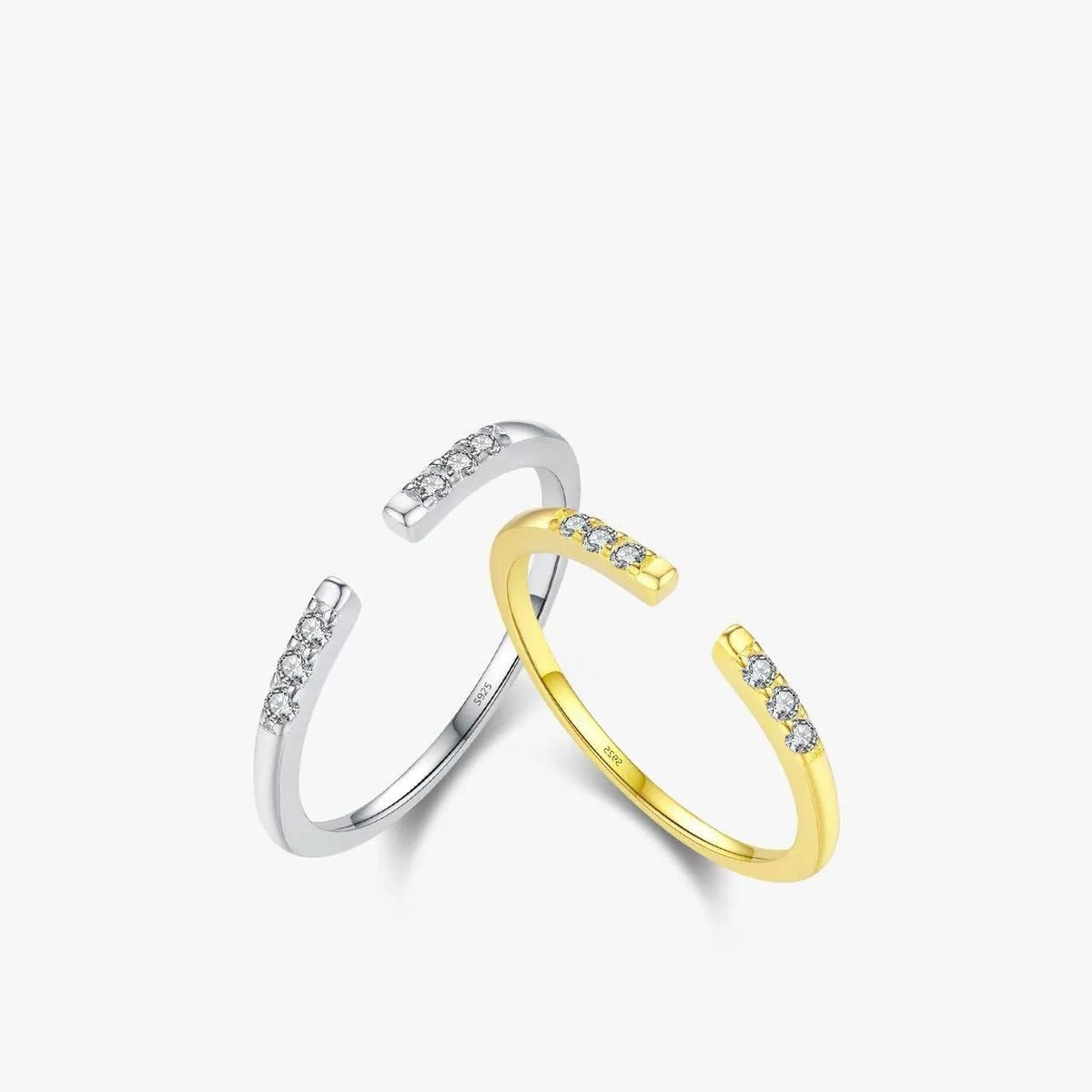 Silver adjustable open ring with diamond-set geometric design, 0.9g, shown in silver and gold colour options