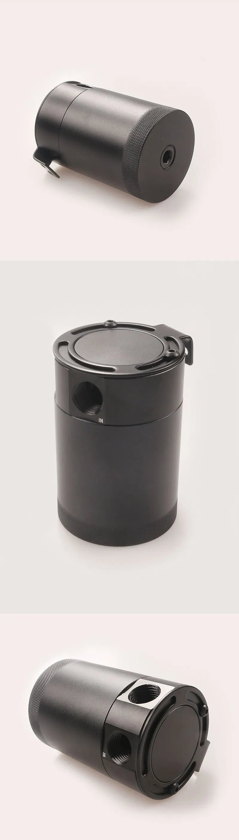 Black and silver aluminium automotive oil pot with two ports and connectors