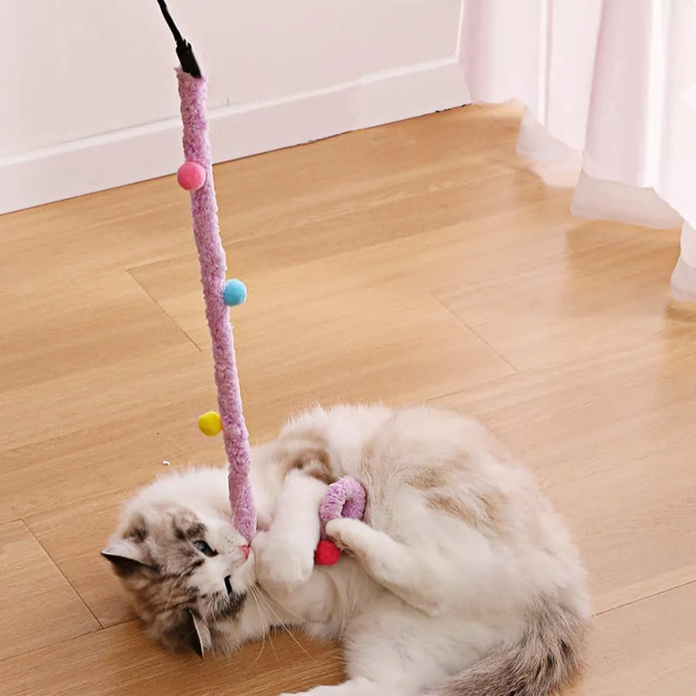 Cat wand toy with blue plush strip, colourful ball, and bells on a 41cm pole for interactive play