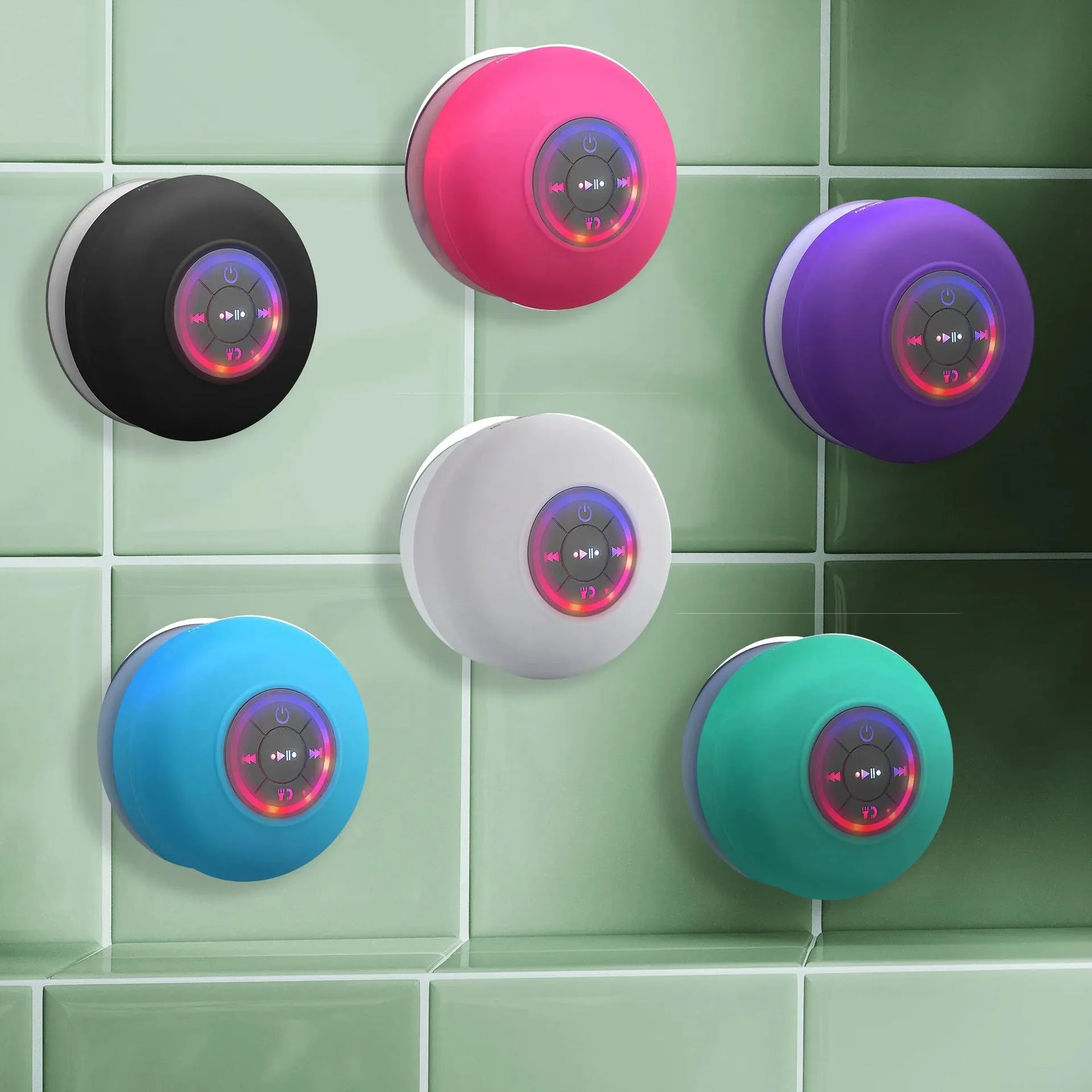 Large suction cup waterproof Bluetooth audio speaker with integrated lighting in multiple colour options