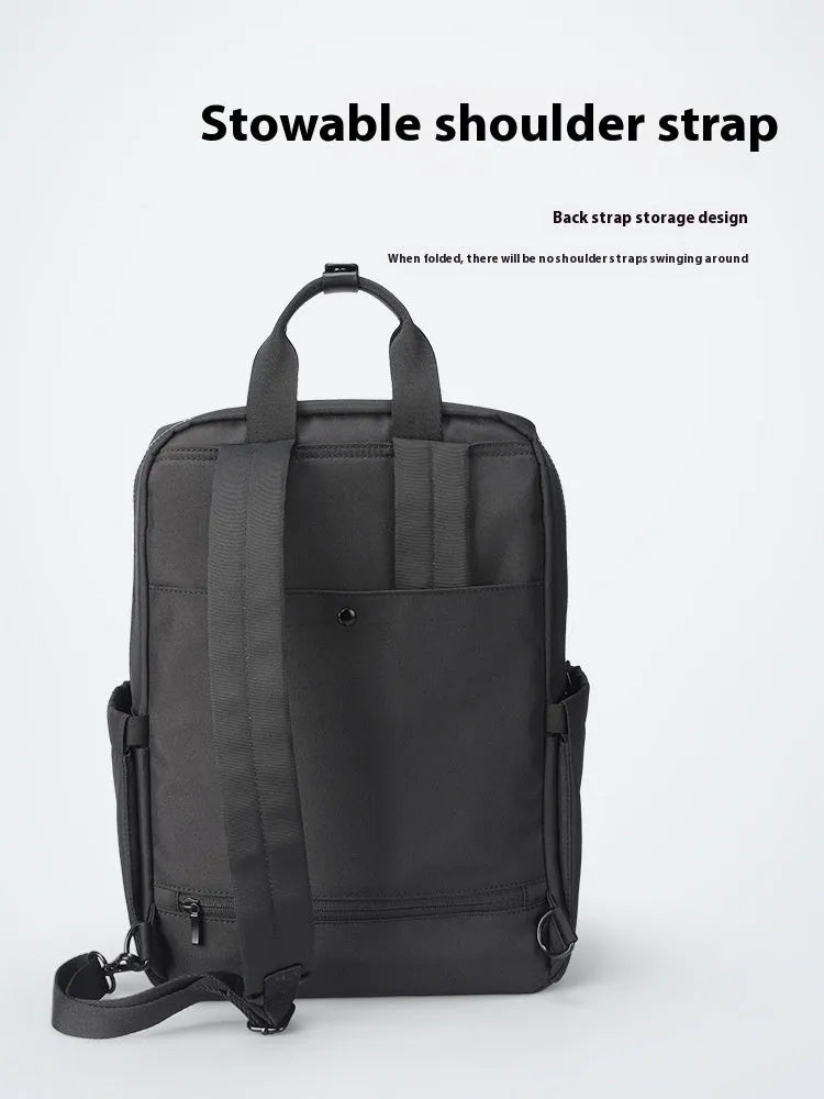 Elegant black Oxford cloth computer backpack showing 20-35 litre capacity