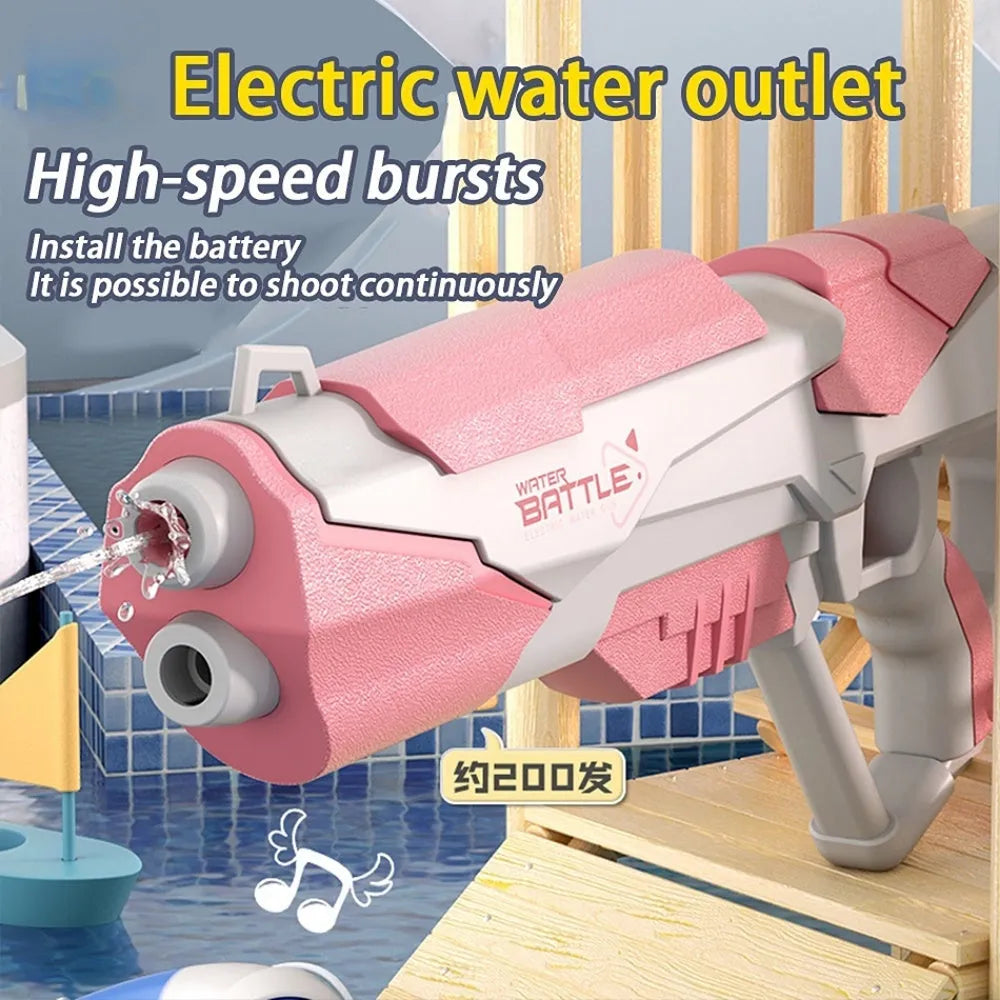 Blue electric water gun with USB charging cable, showing 55cm length and anti-slip handle for outdoor water fights