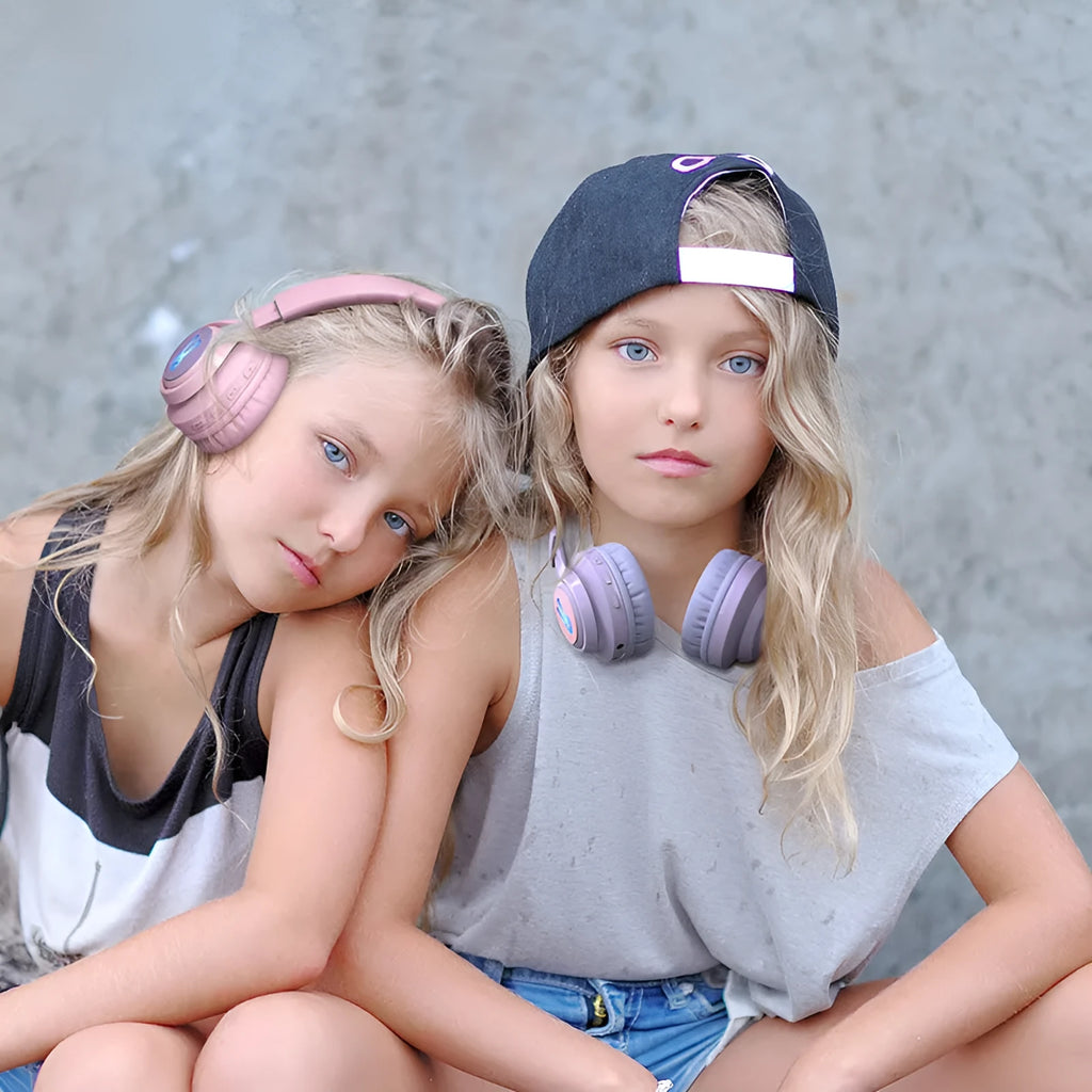Wireless children's headphones with glowing RGB ears in bunny purple colour
