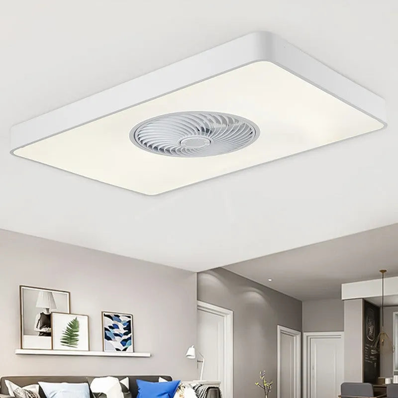 Nordic style ceiling fan with integrated light fixture in a solid wood housing, shown in rectangular, round, and square size options.