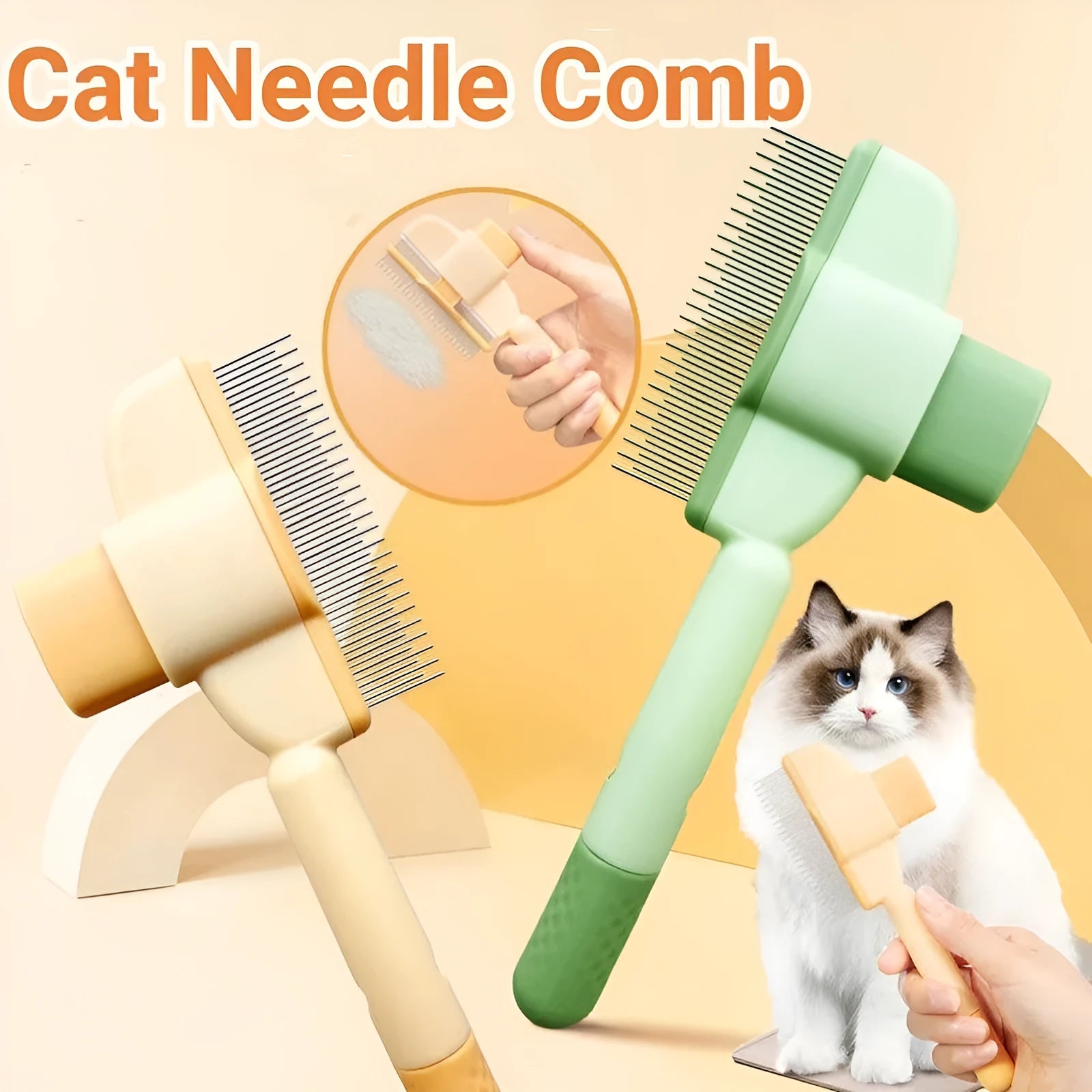 Green and yellow pet comb with stainless steel teeth and a self-cleaning release button.