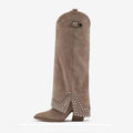 Women's black frosted rivet pantyhose boots with pointed toe and rubber sole