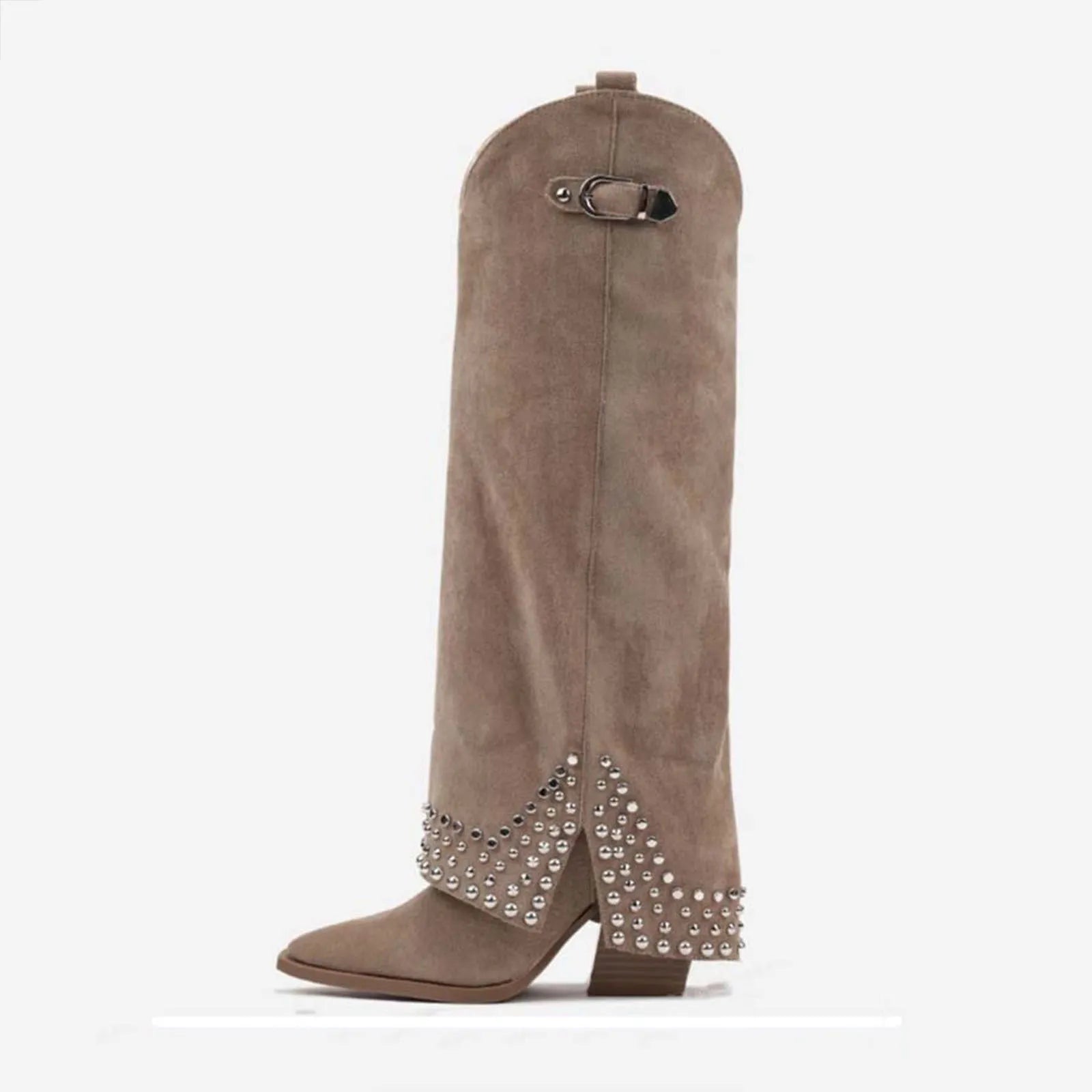 Women's black frosted rivet pantyhose boots with pointed toe and rubber sole