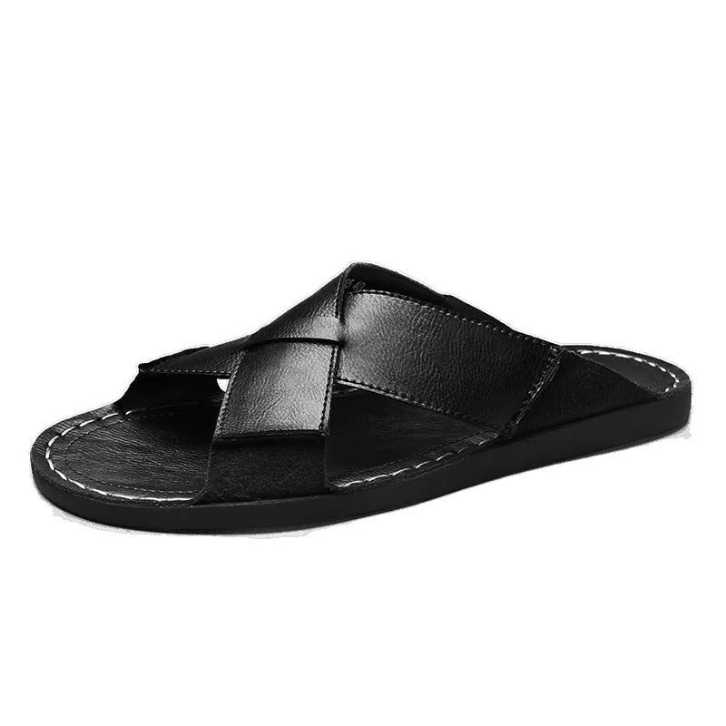 Men's black frosted genuine pigskin leather slip-on sandals with a sewn rubber sole.