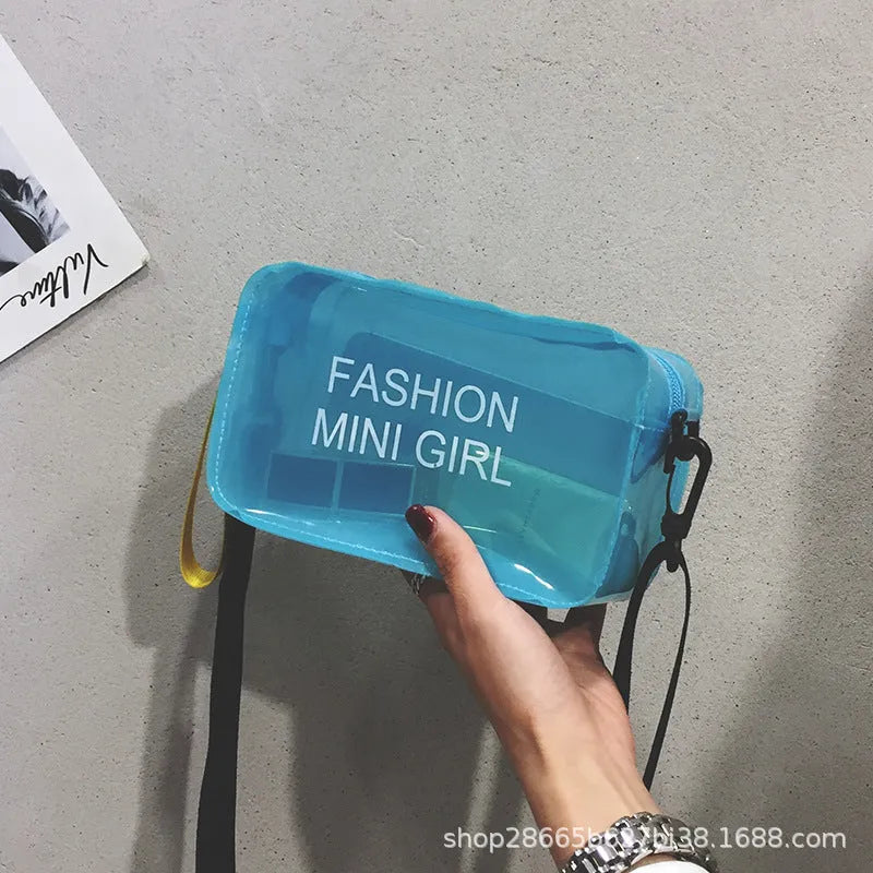 Transparent square jelly shoulder bag with adjustable strap in multiple colour options showing 19cm width dimensions