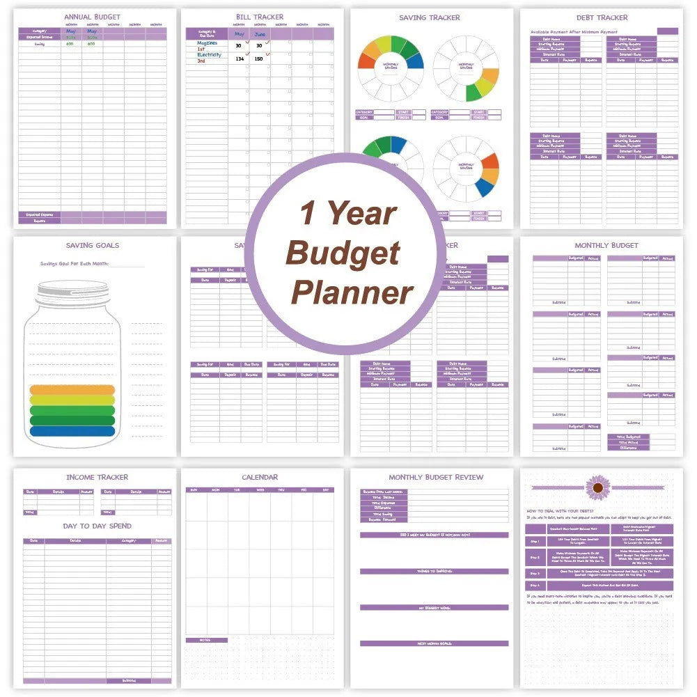 Purple coil-bound financial planning notebook open on a monthly budget page with pen and stickers.