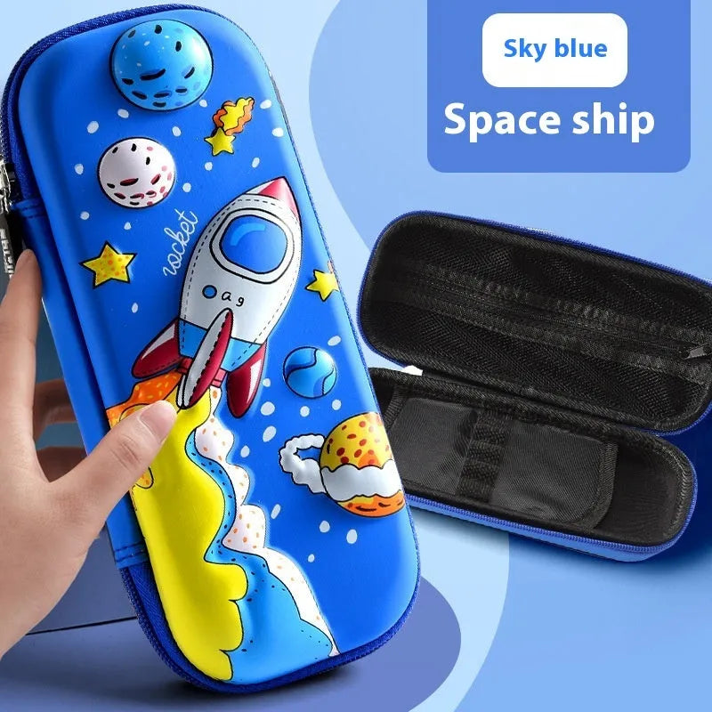 3D leather pencil case with zipper closure showing decorative space theme design