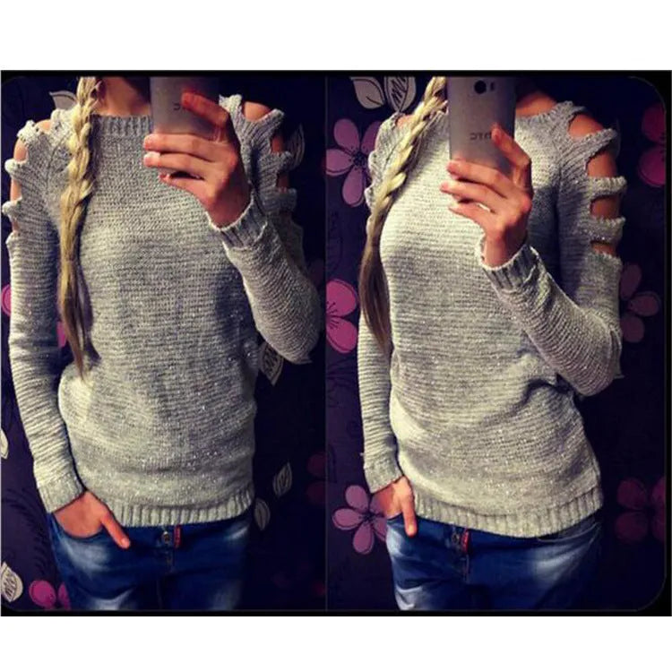 Women's grey hollow-out knitted shirt with crocheted detailing and round neckline