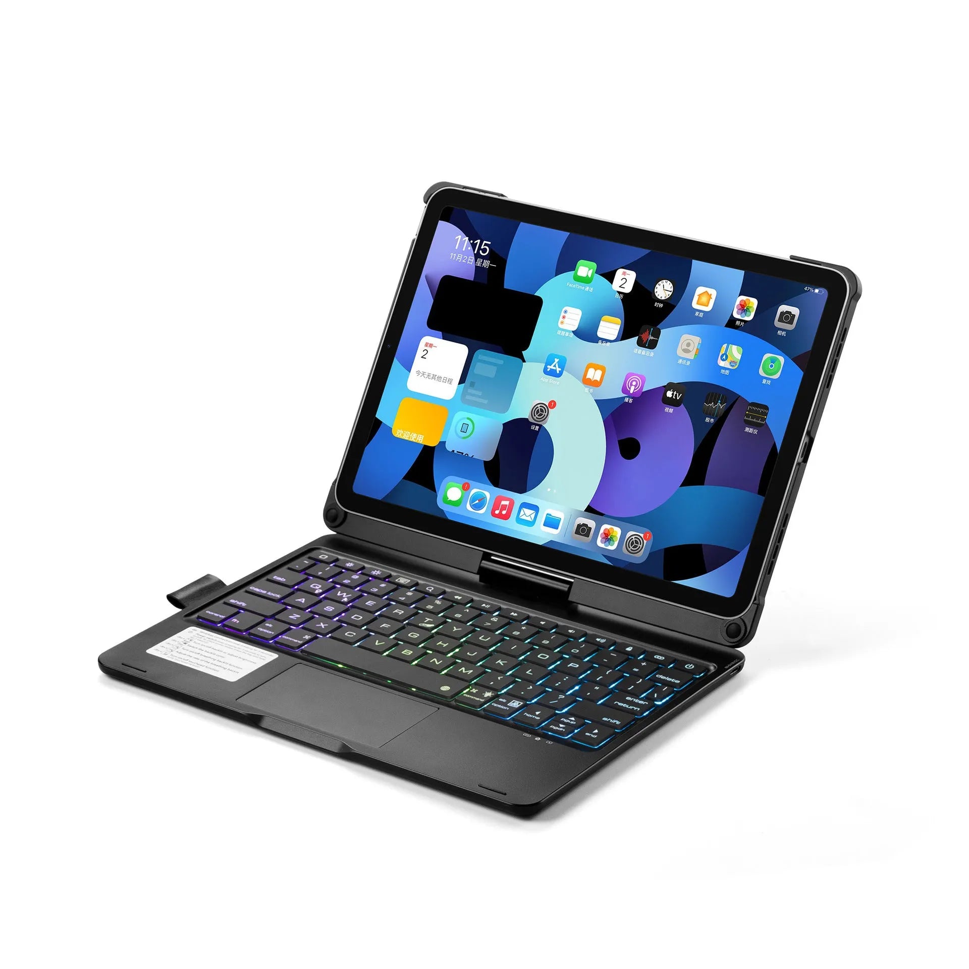 Bluetooth keyboard in black with 360-degree rotating stand and touch backlight for iPad, showing compact design and wireless connectivity.
