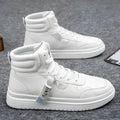 Men's Korean style short boots in artificial PU, shown in black and white, sizes 39 to 44