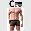 Men's low-waist mesh boxer briefs in black, made from breathable polyester fabric for summer