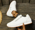 Women's flat-heeled shoes in champagne, grey, and white colours with artificial PU upper and rubber sole
