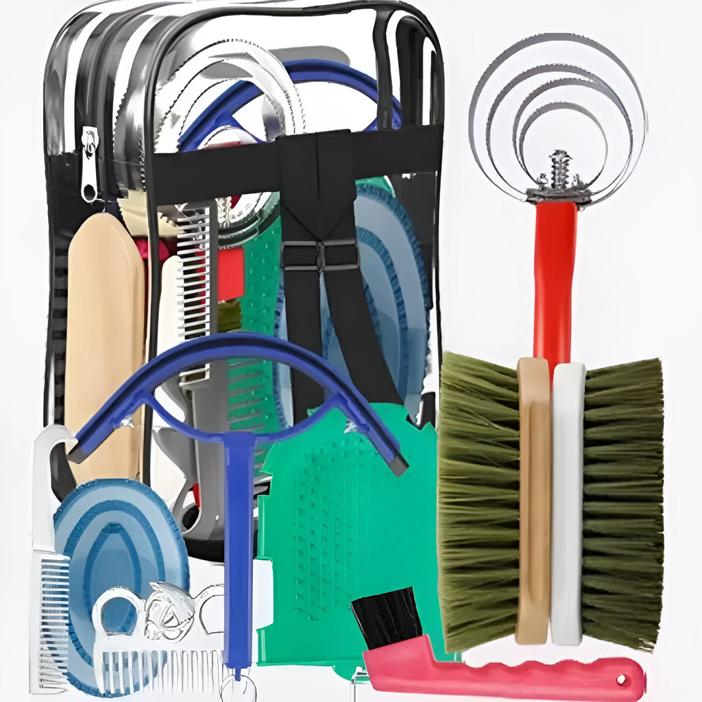 10-piece horse grooming brush set with storage bag including brushes, combs, and hoof tool