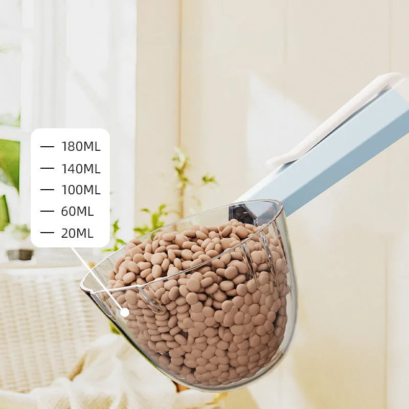 Pet food spoon with clip attachment in blue, coffee, pink, and red colours for hygienic dog and cat feeding