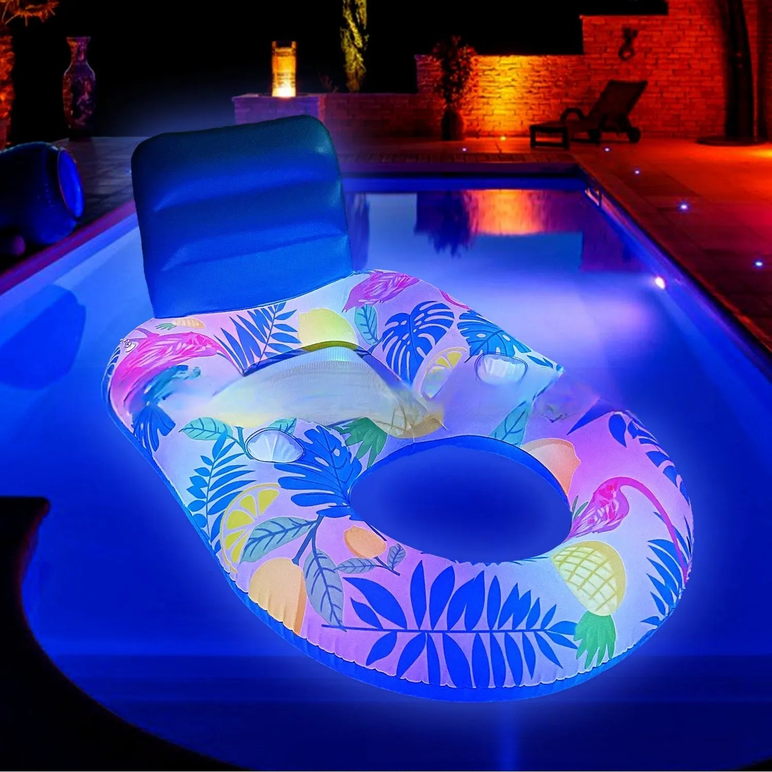 Inflatable PVC pool floating bed with backrest recliner and LED light ring in swimming pool