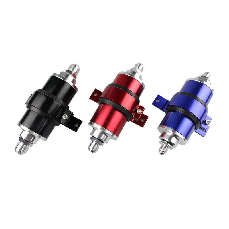 Aluminium universal petrol fuel filter bracket with magnet in choice of six colours.