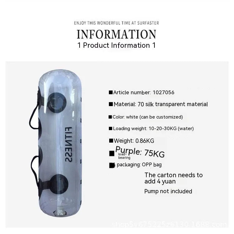 Transparent PVC water filled weight bag showing water level, approximately 50cm length, with inflation valve and soft construction for strength training