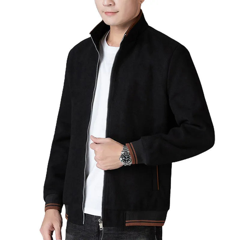 Men's grey autumn wool fleece jacket with sports style, long sleeves, and size stick pocket