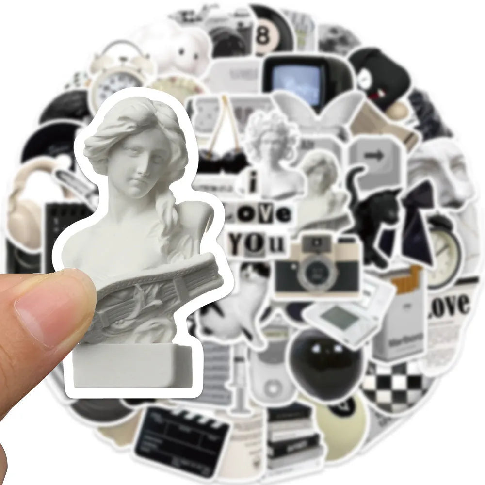 Black and white PVC waterproof sticker set with 61 designs for laptop and device personalisation