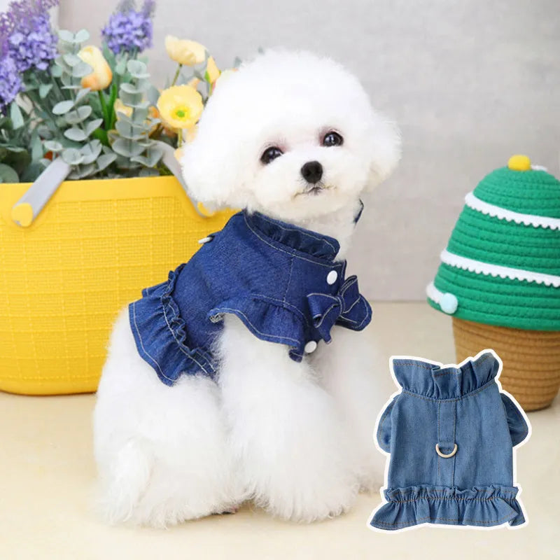 Blue denim dog dress with integrated harness and ruffled design for small to large pets