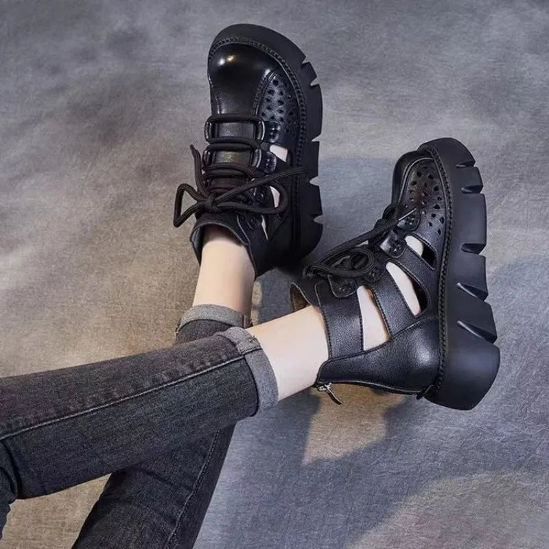 Women's black platform sandals with fish mouth toe and hollow hole design on plush upper