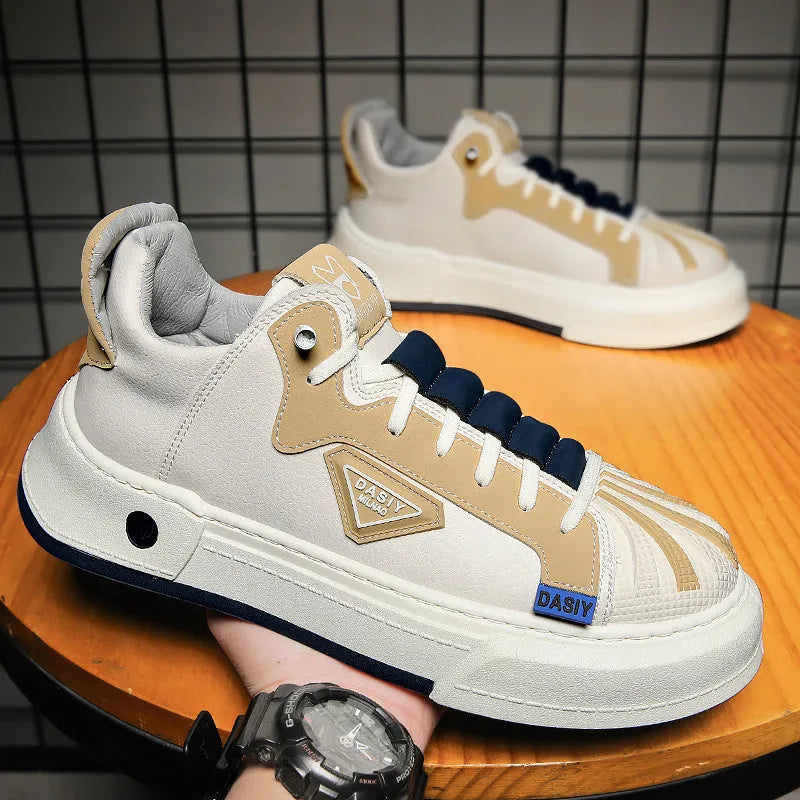 Men's beige low-top sneakers with elastic band closure and microfiber upper for casual wear.