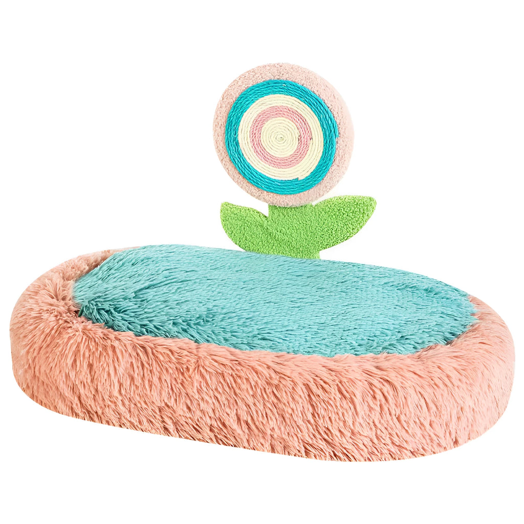 Pink elliptical lollipop shaped plush cat bed with raised sides, showing a removable cover.