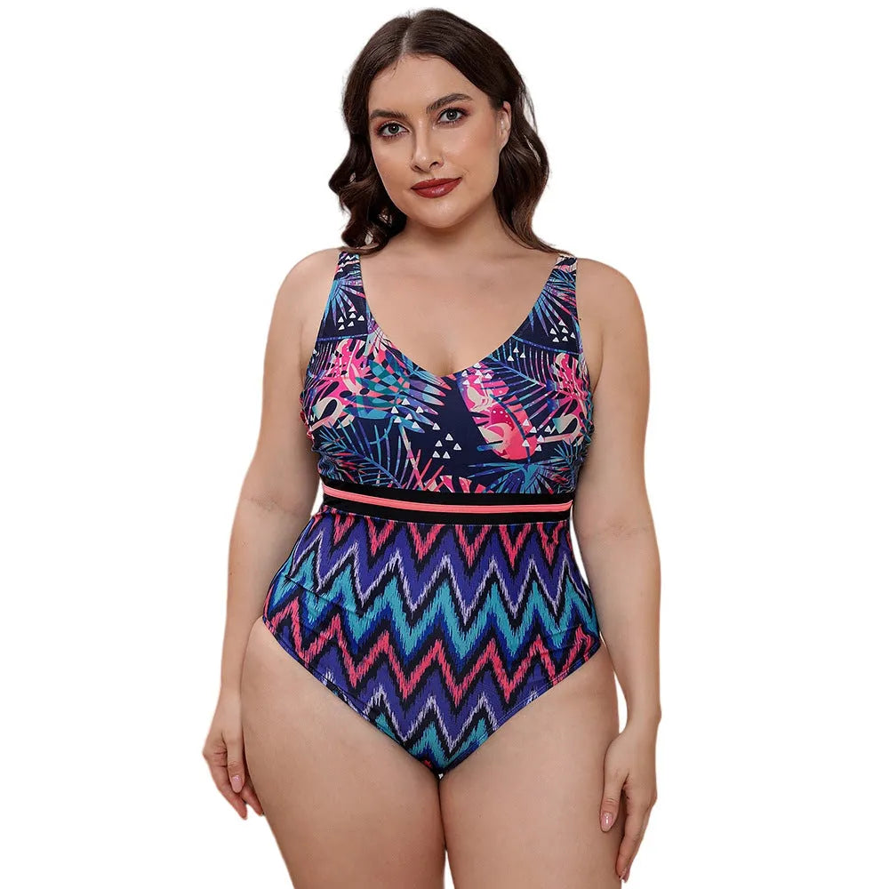 Women's printed one-piece swimsuit with spaghetti straps and striped vest in blue, white, or green patterns