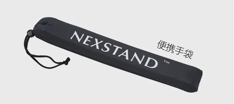 Black foldable portable laptop stand with enhanced nylon construction shown folded to 35.4cm with carrying case