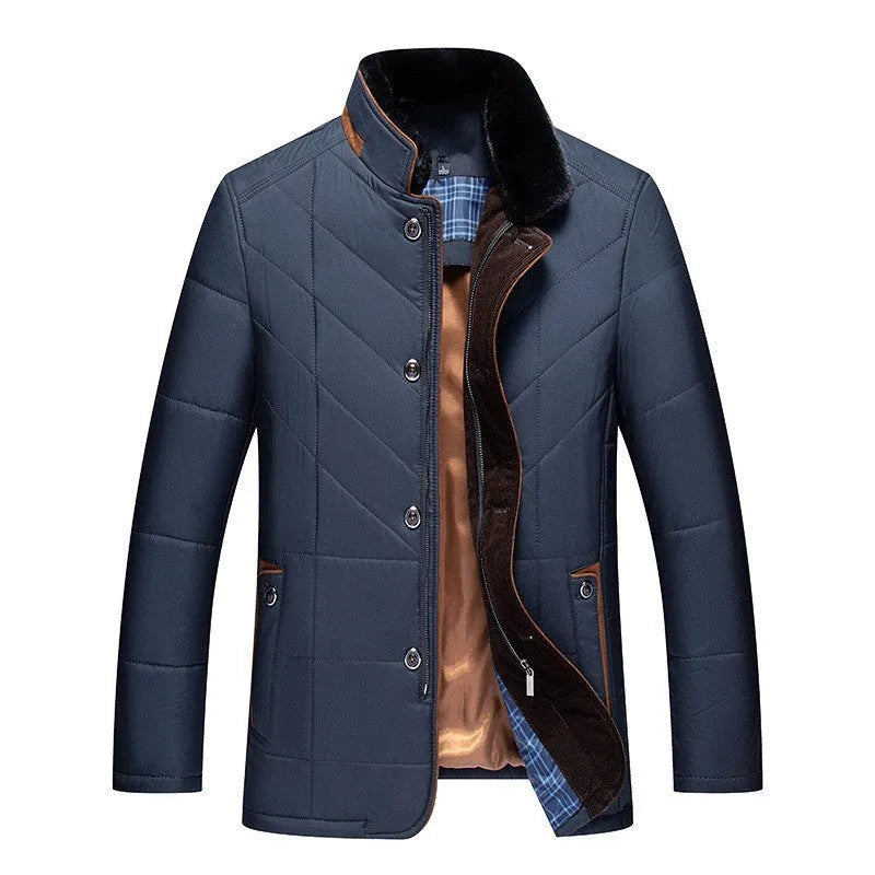Men's short winter coat in dark blue with side seam pockets and cotton filler, sizes 170/M to 195/4XL