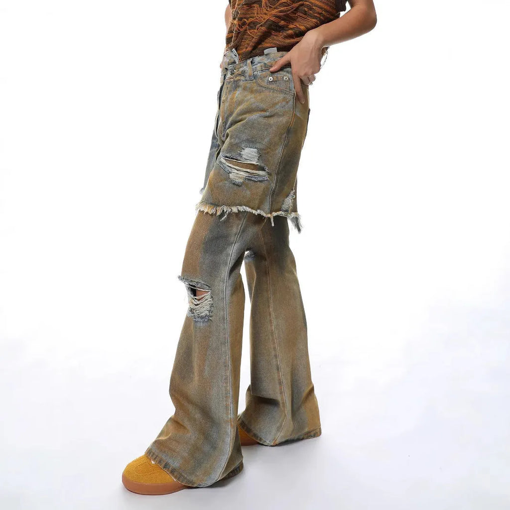 American street style bootcut jeans trousers with high waist and straight-leg design