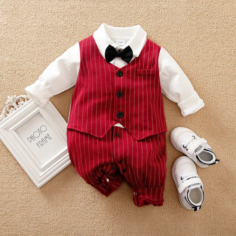 Baby boy gentleman style jumpsuit in cotton fabric with single-breasted closure and long sleeves