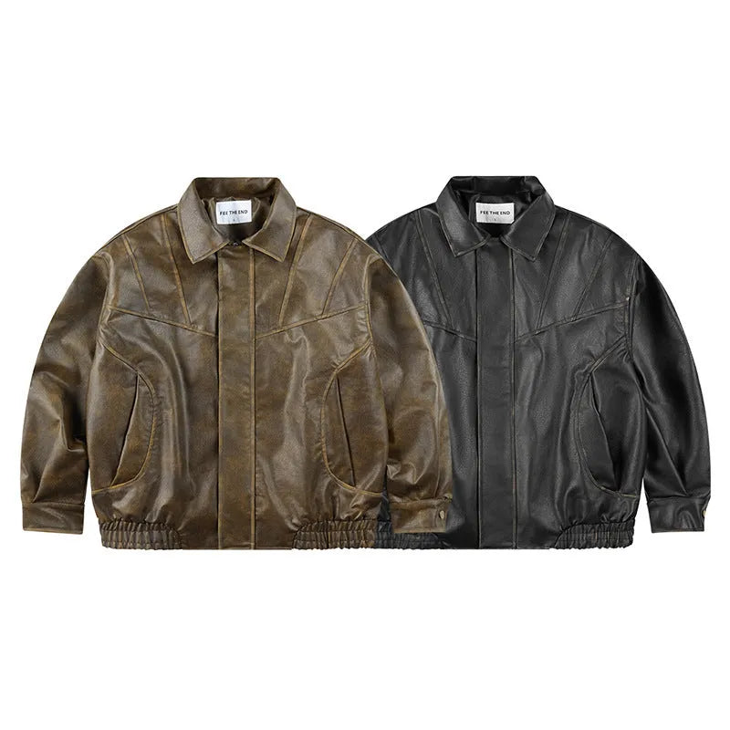 Retro faux leather coat for men and women, loose fit, long sleeve, black or brown, sizes M to XXL