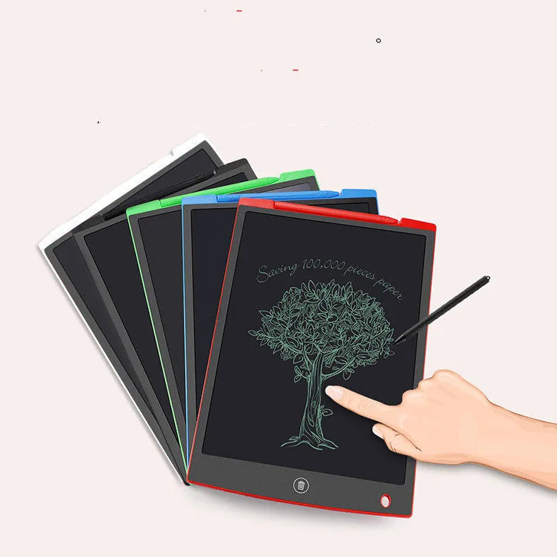LCD electronic handwriting board for children showing black, blue, green, red colours with stylus